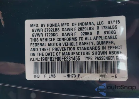 2015 Honda Civic Ex from USA, damaged, VIN 19XFB2F80FE281455